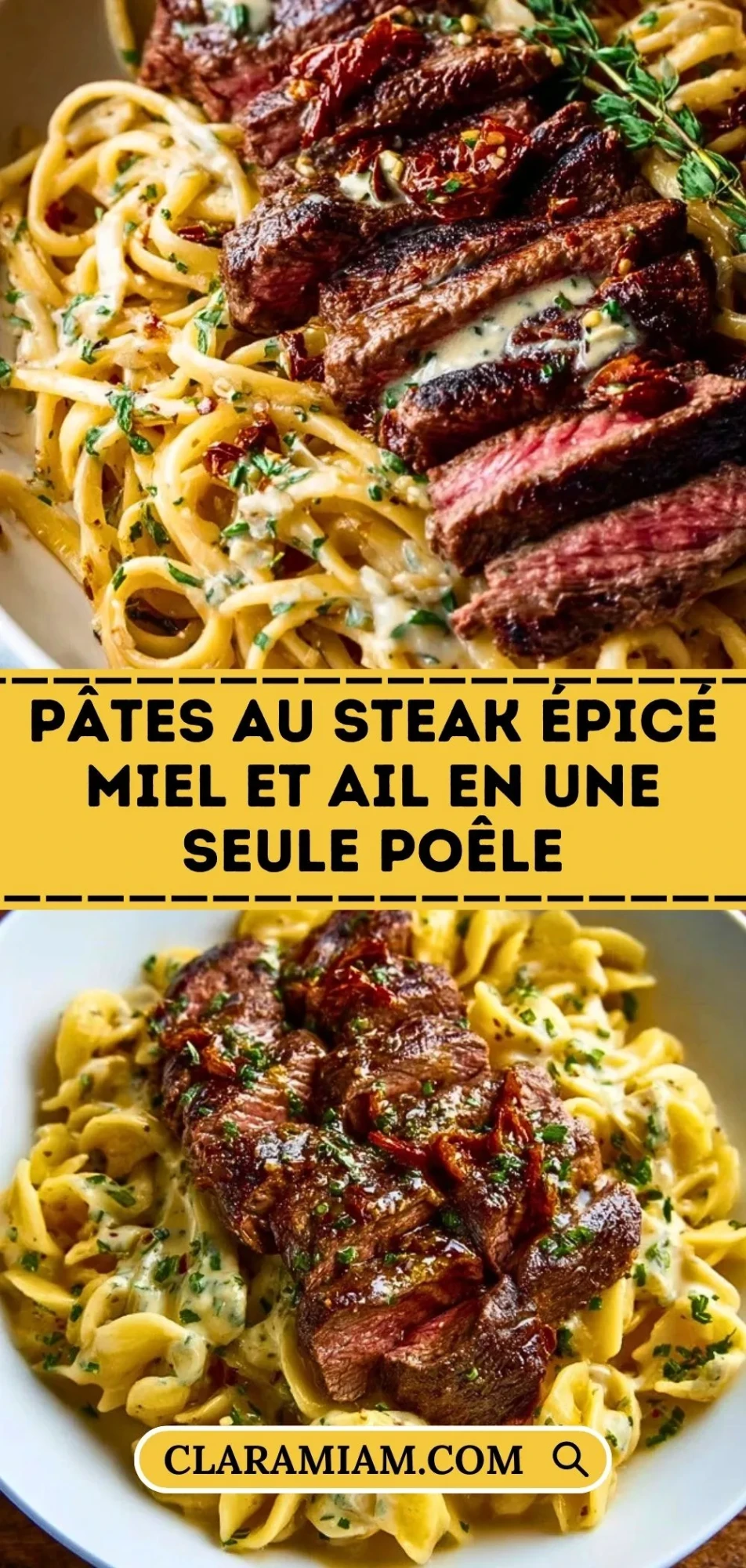 Pâtes au steak épicé miel et ail en une seule poêle - Pin 1