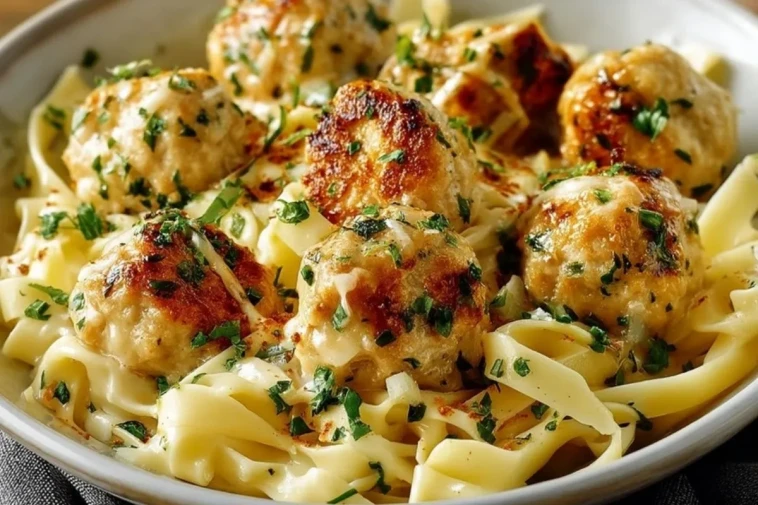 Boulettes de poulet à l'ail et au beurre avec des pâtes crémeuses au parmesan- 1