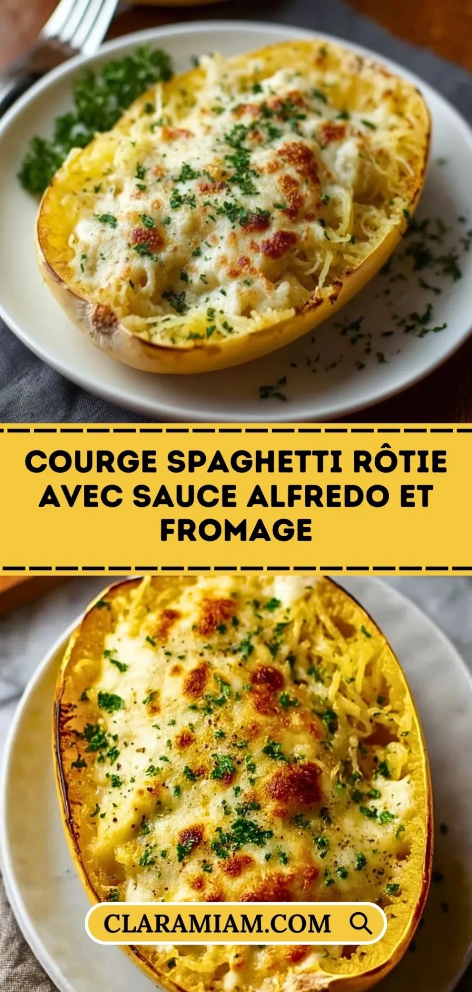Courge Spaghetti Rôtie Avec Sauce Alfredo Et Fromage - Pin 1