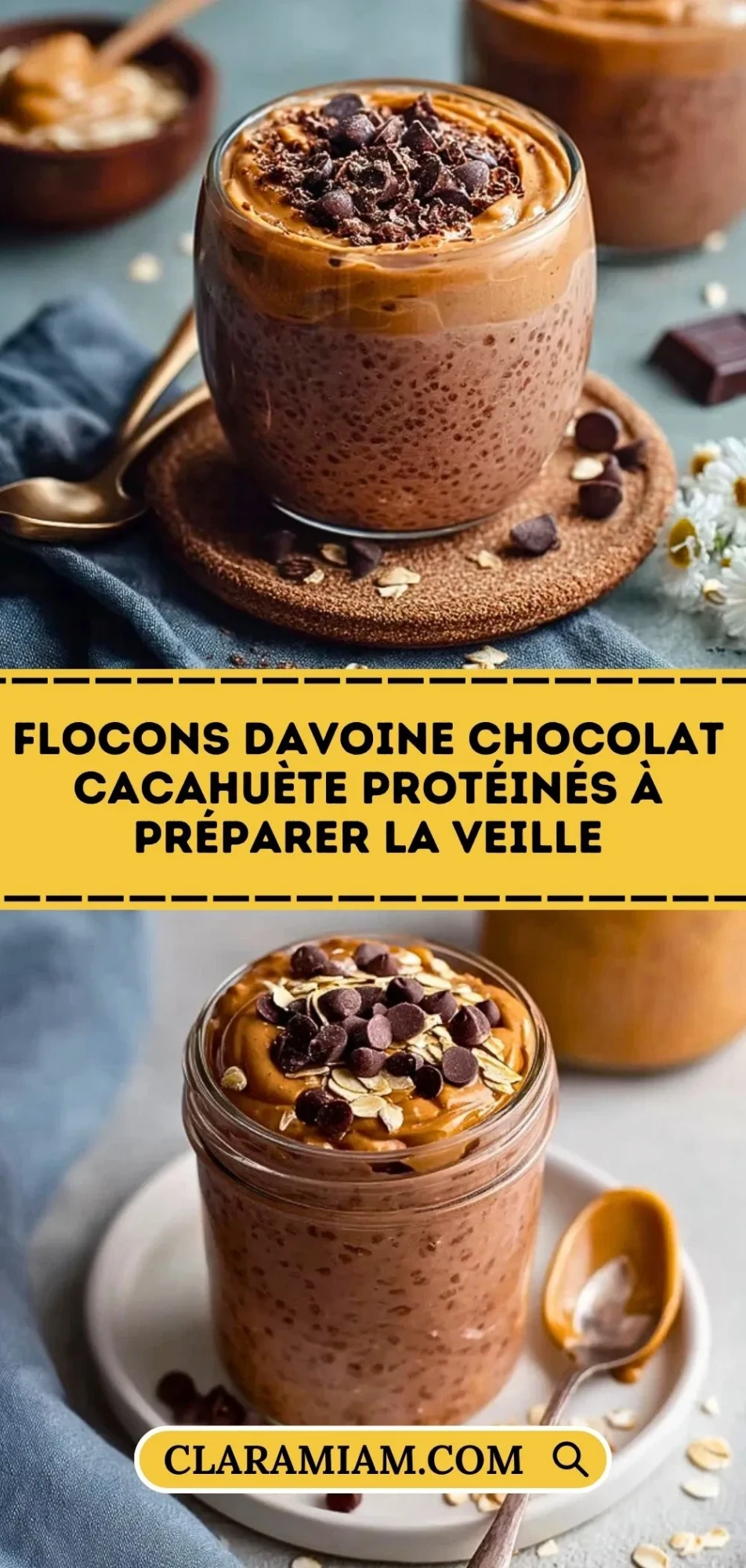 Flocons DAvoine Chocolat Cacahuète Protéinés à Préparer la Veille - Pin 1