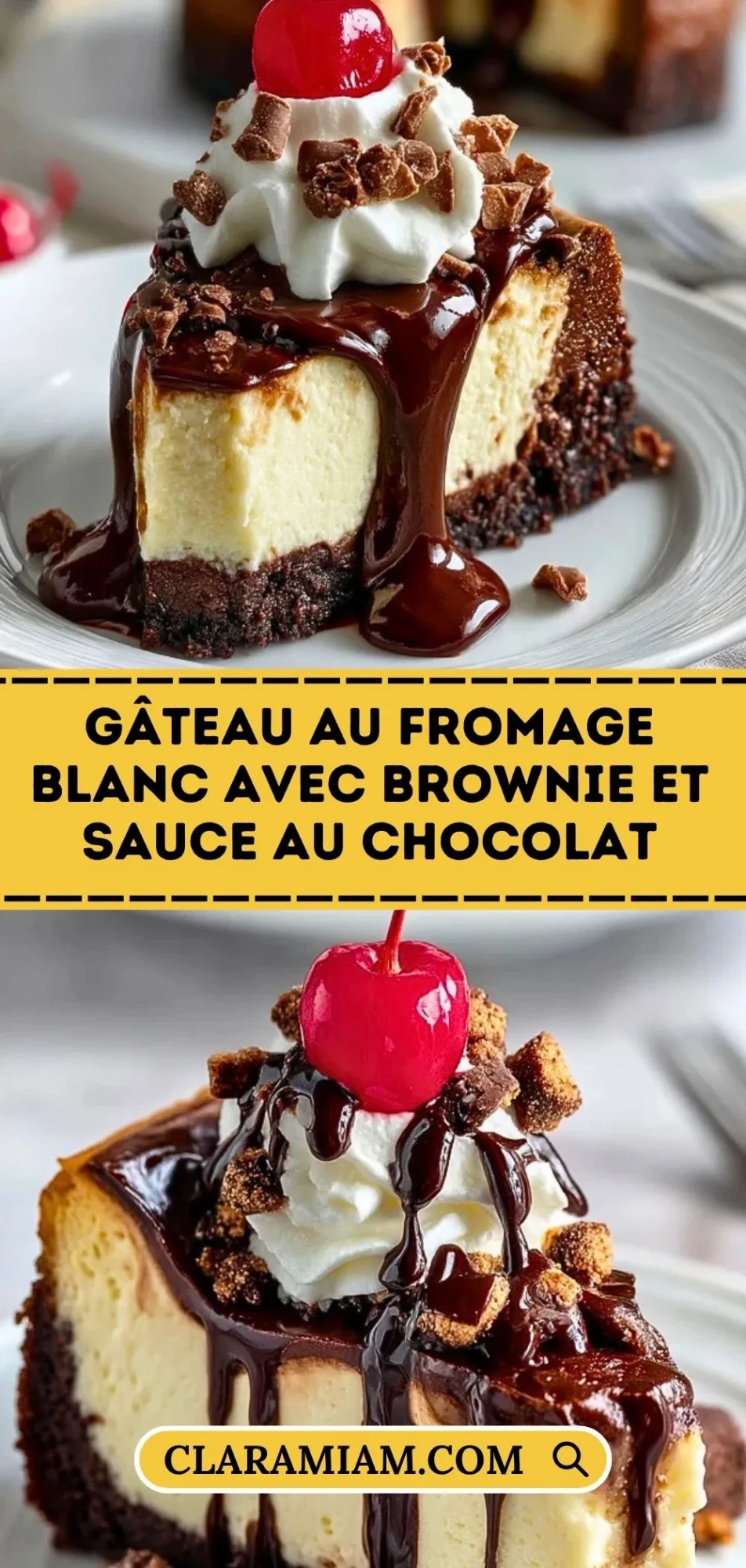 Gâteau Au Fromage Blanc Avec Brownie Et Sauce Au Chocolat - Pin 1